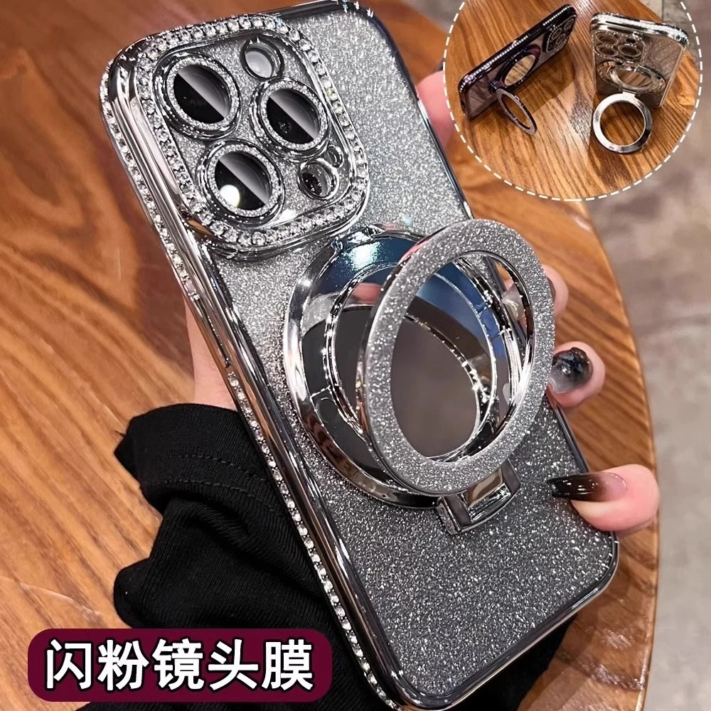 闪粉镜头膜苹果16/17promax闪粉镜子手机壳iPhone15镶钻边保护壳
