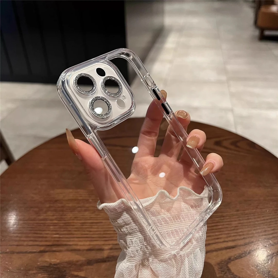 透明iPhone16/15pro闪粉镜头膜苹果14手机壳13渐变边12框保护套ol