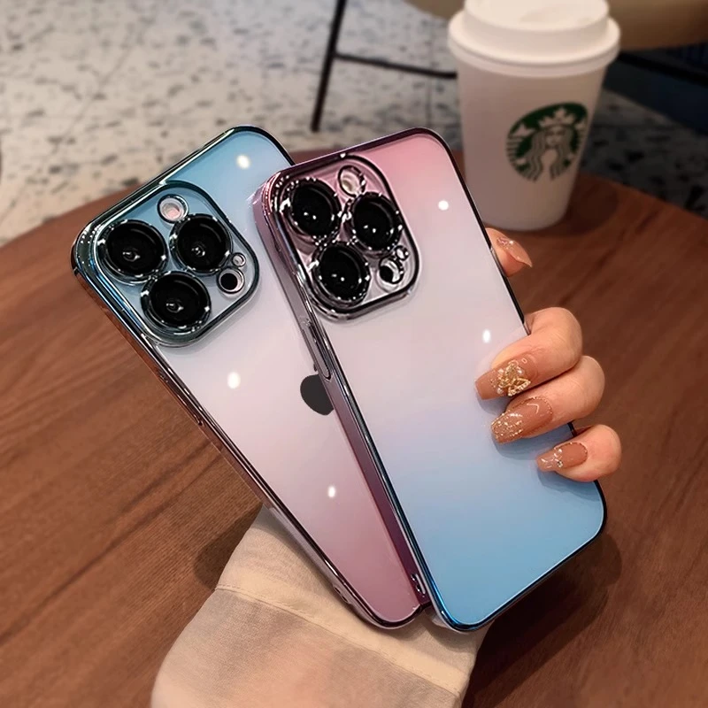 渐变带镜头膜苹果16promax手机壳iphone15透明电镀高级感14