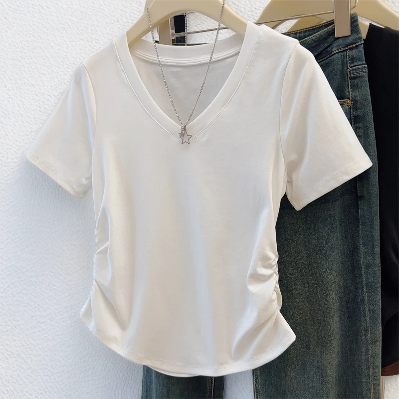 大码女装V领显瘦减龄微胖短袖t恤女夏季新款设计感遮肚子显瘦上衣