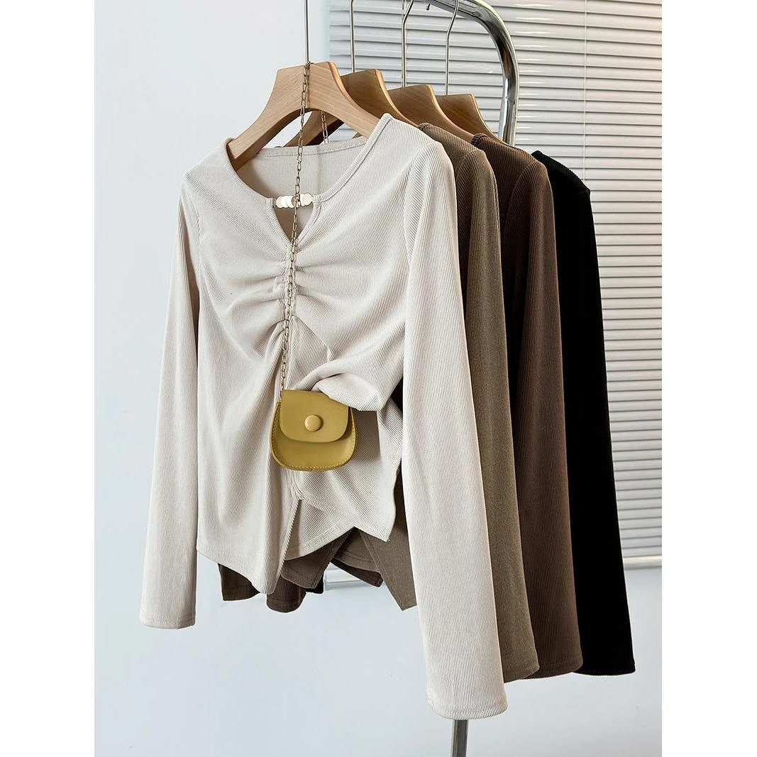 秋季新款大码女装宽松设计感长袖T恤胖mm减龄休闲遮肚子显瘦上衣