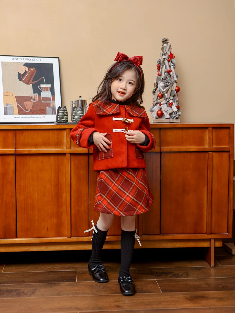 米卡家【红裳素裹】女童2024早秋长袖新款两件套简约气质轻奢套装