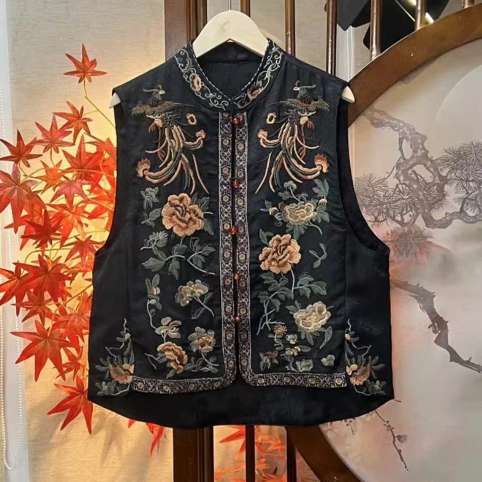 新中式国风刺绣春秋双面穿马甲复古时尚百搭提花马夹民族风上衣女