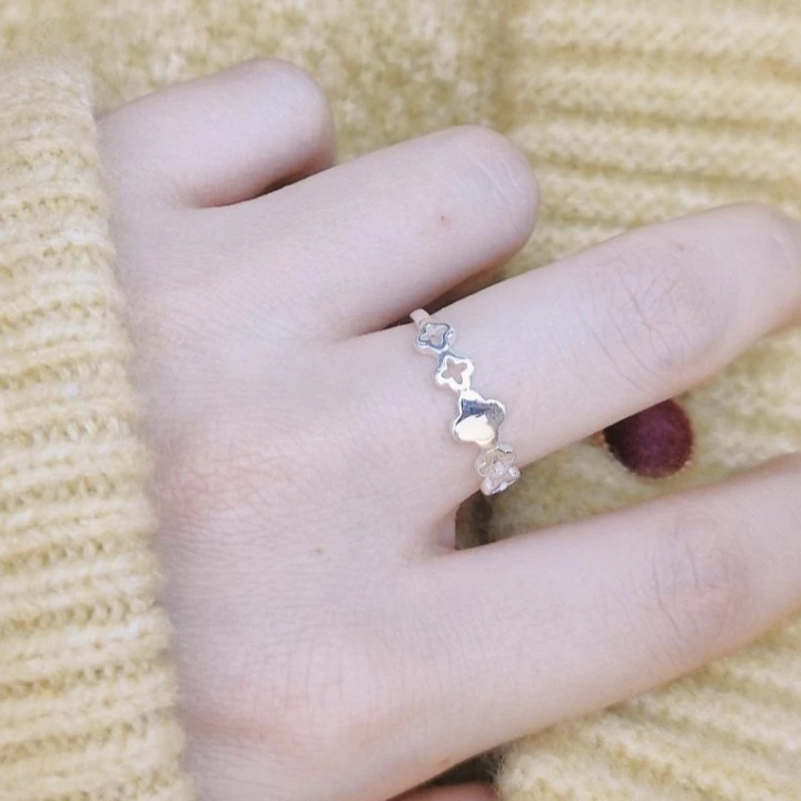 足银戒指 足银99幸运草戒指花朵镂空四叶个性简约小众设计 ins