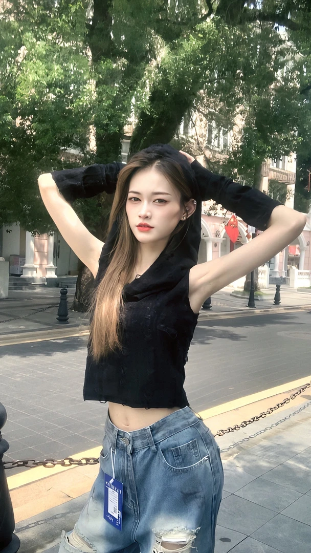 2023新款复古废土风气质显瘦连帽T恤女辣妹带袖套设计感上衣时尚