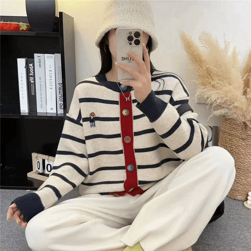 洋气条纹拼色针织衫软糯秋冬宽松撞色开衫圆领单排扣毛衣外套A146