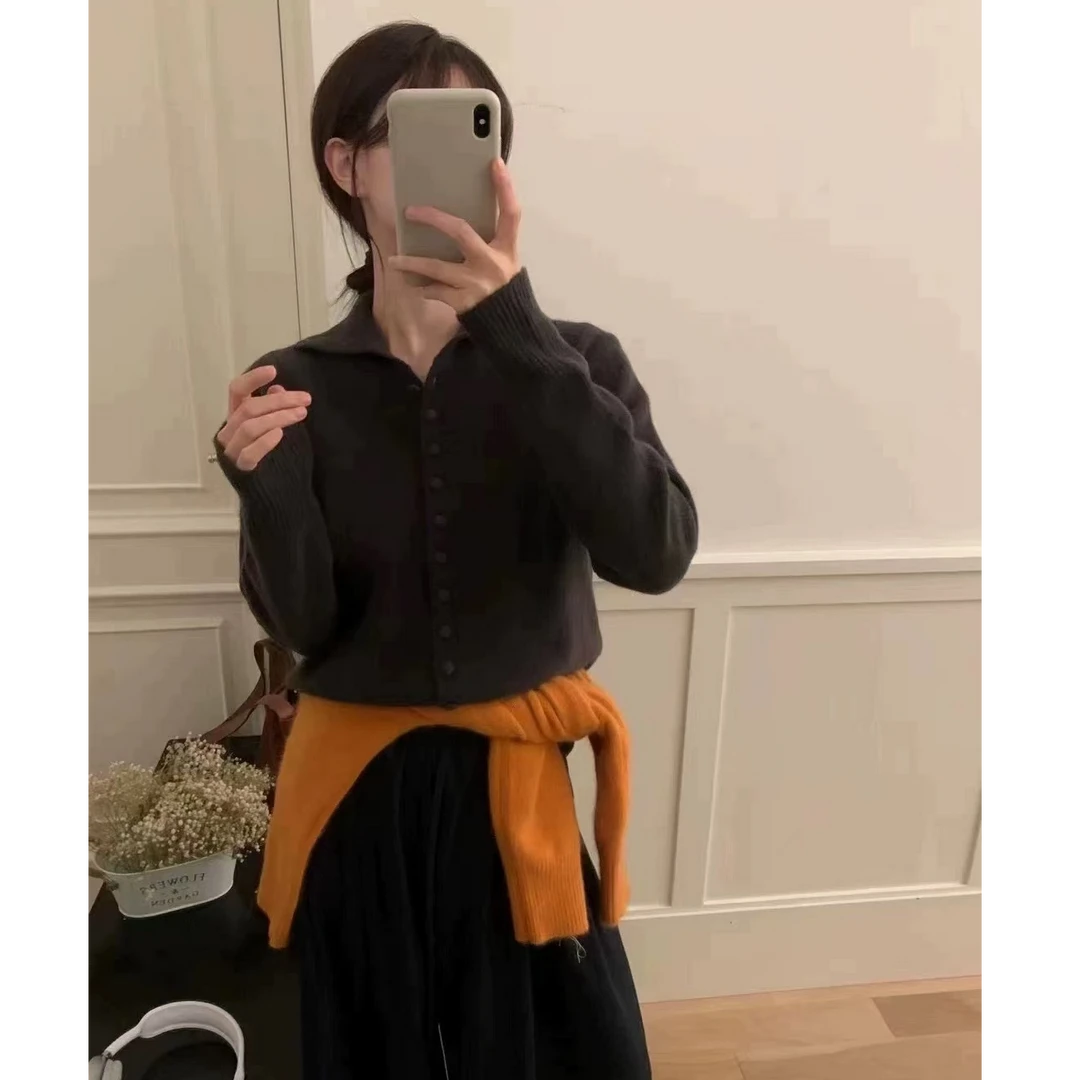 绵羊毛翻领长袖针织开衫宽松秋冬别致单排扣设计感针织衫A801