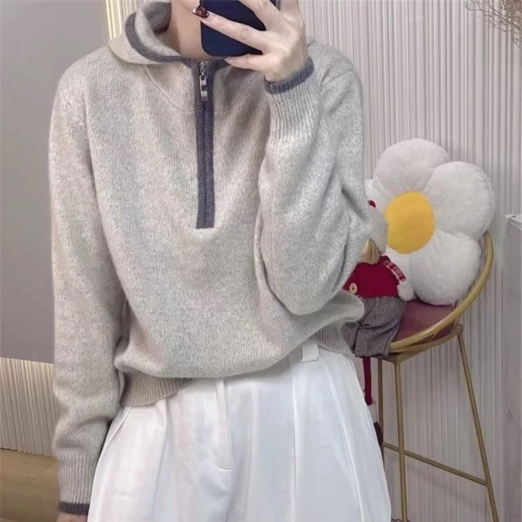 新款时尚休闲宽松绵羊毛连帽拼色加厚针织毛衣外套