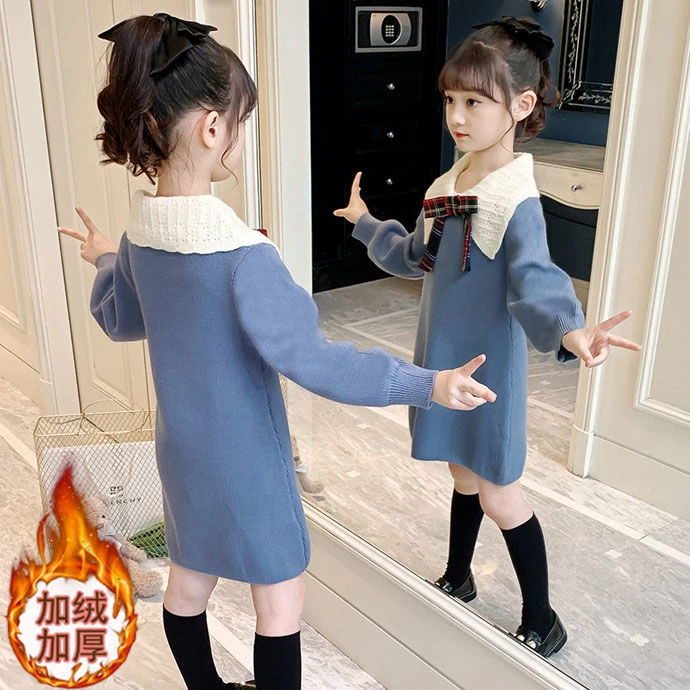 女童卫衣裙秋冬装2023新款韩版儿童女孩中长款大童洋气加绒连衣裙