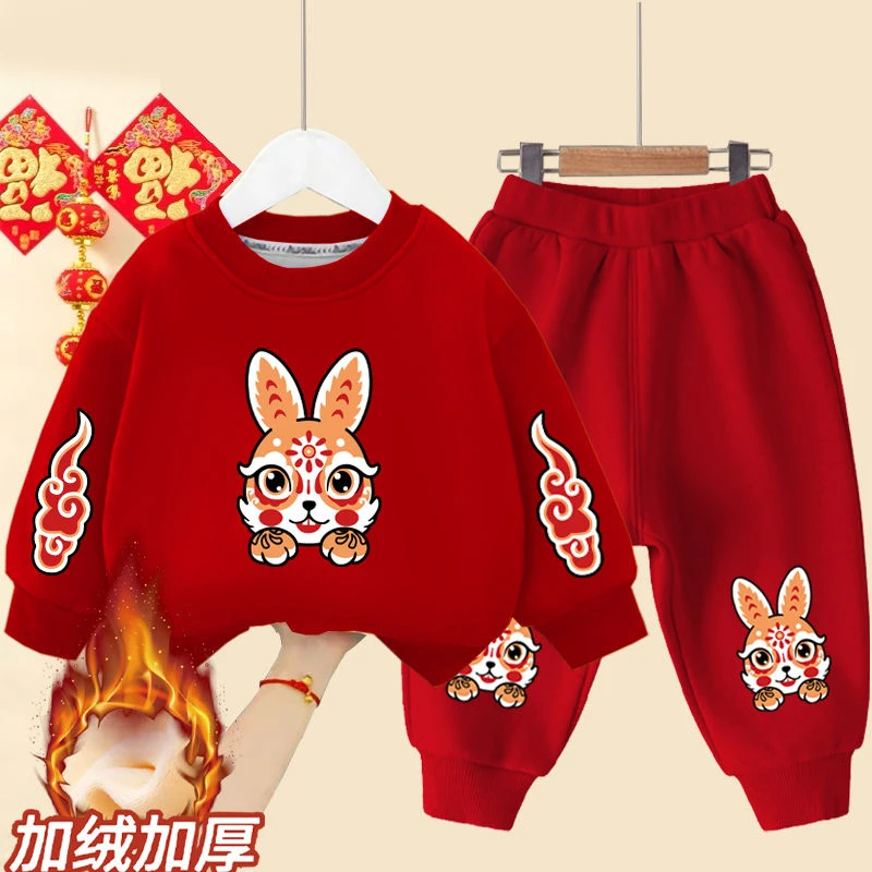 巴拉兔年拜年服儿童新年套装男女童秋冬季加绒卫衣一体绒两件套潮