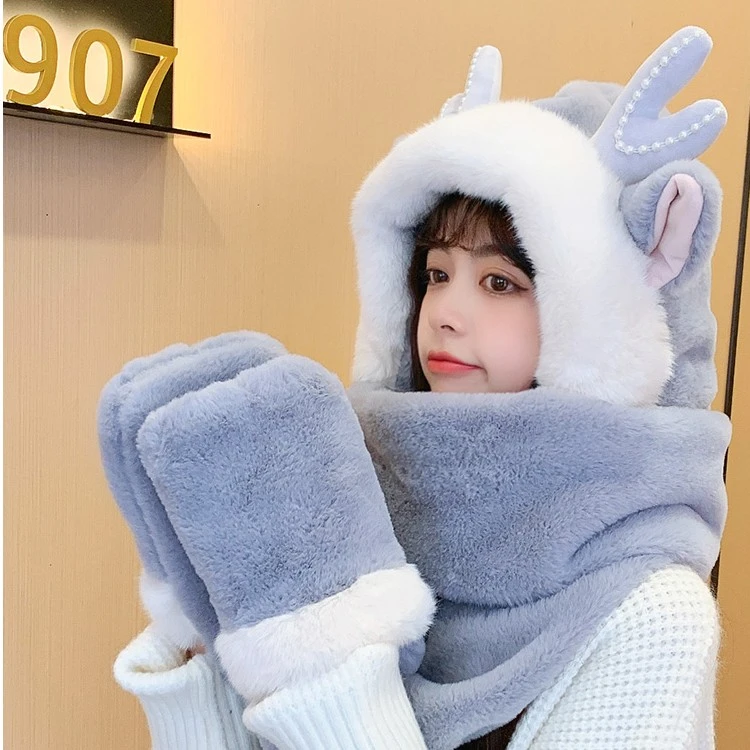 帽子女秋冬季新年鹿角可爱韩版潮冬天手套毛绒三件套围巾一体保暖