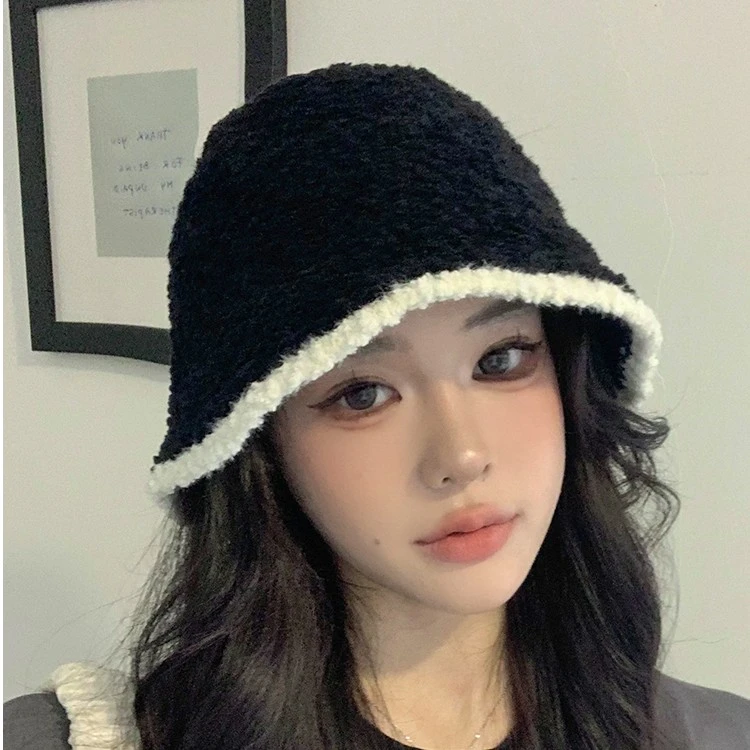 帽子女毛绒渔夫帽2023新款秋冬百搭显脸小盆帽冬季素颜针织水桶帽