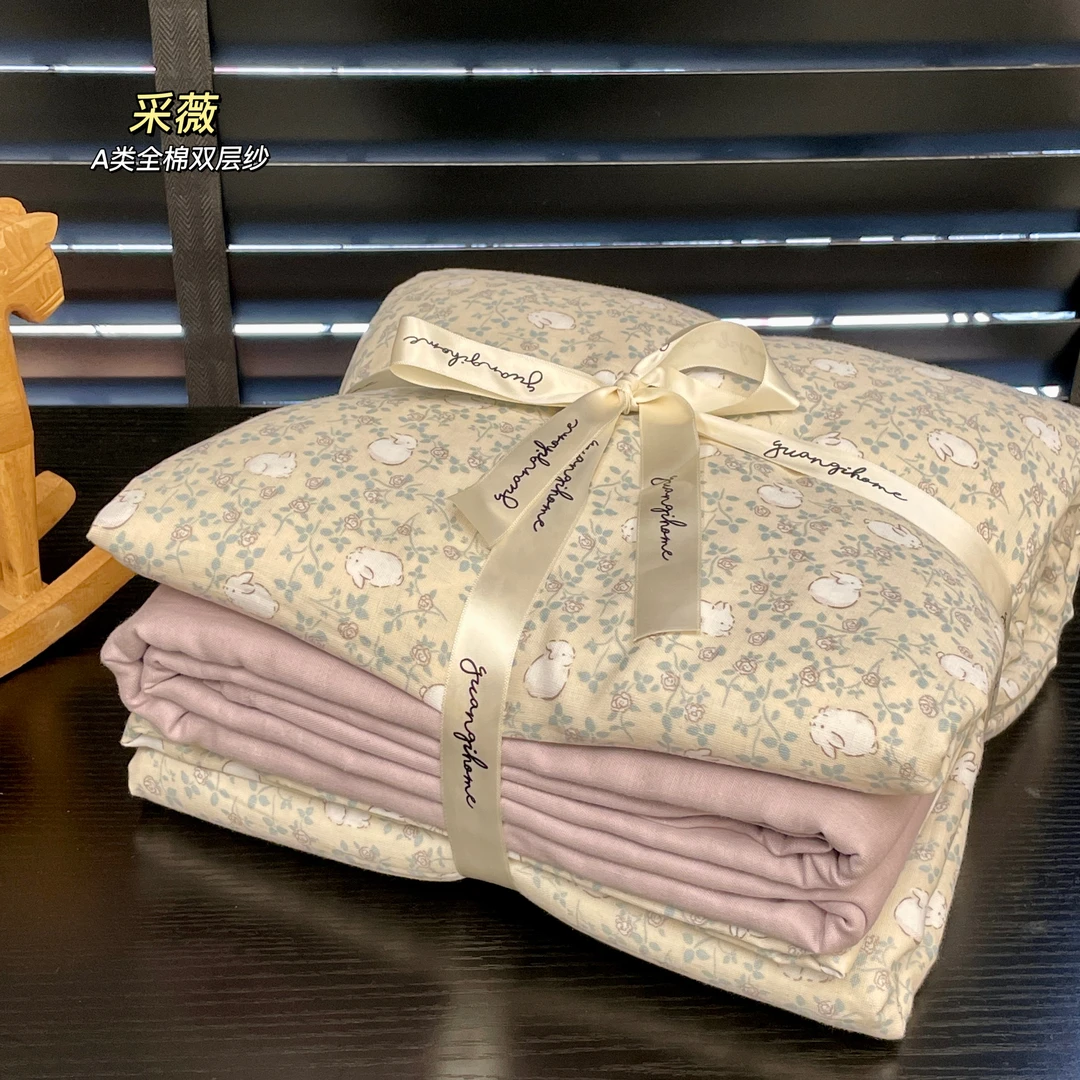 今日特惠！亲肤柔软透气全棉A类有氧双层纱四件套三件套韩式复古