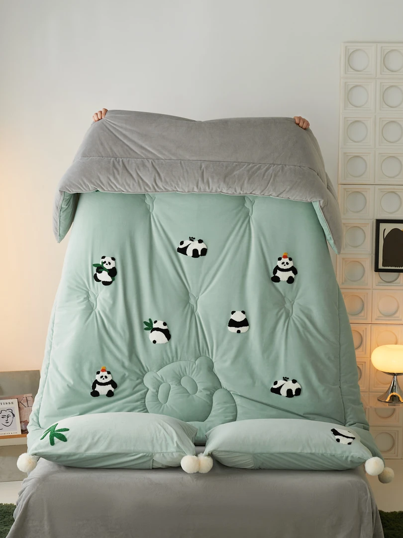 【MJ】快乐熊猫 A类德芙绒可水洗刺绣蚕丝纤维被保暖被子