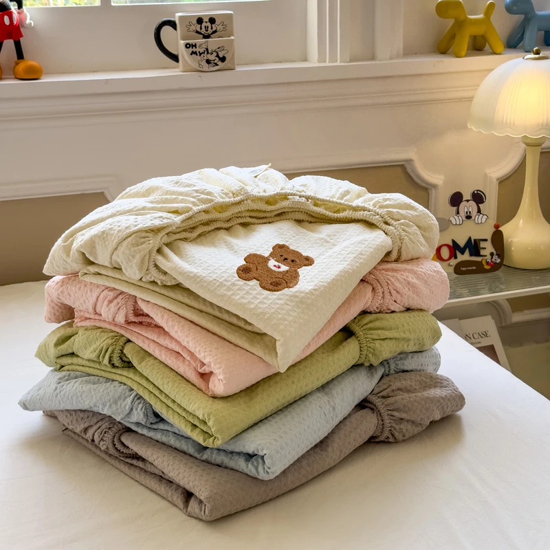 【MJ】设计师款毛巾刺绣全棉华夫格提花单床笠床笠三件套