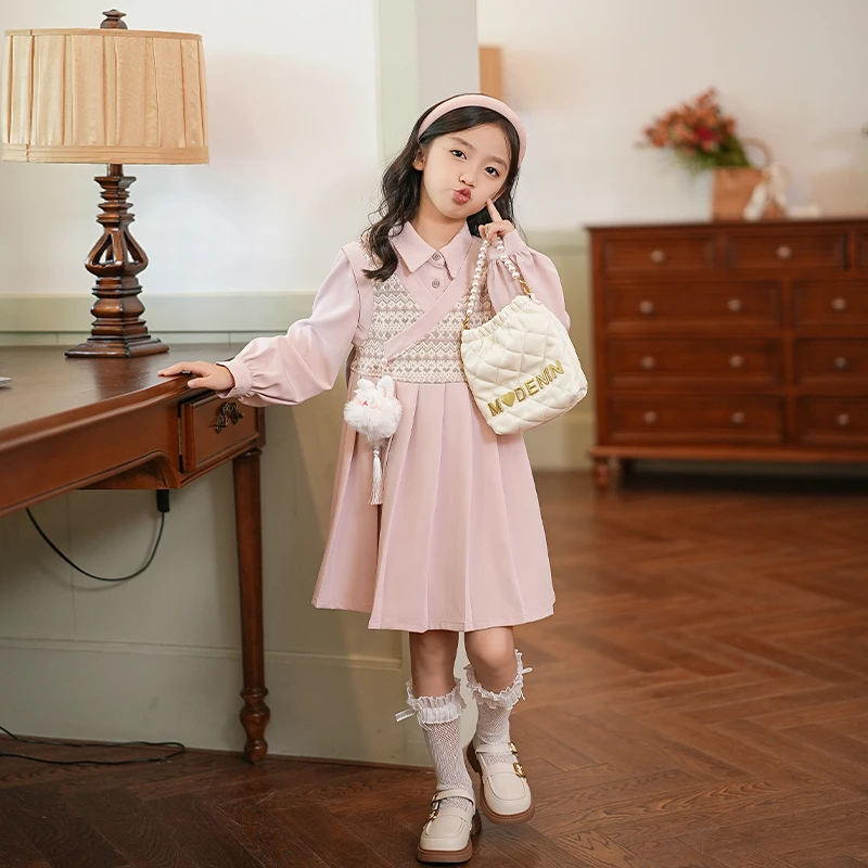 53020M女童连衣裙粉色衬衫裙甜美小女孩翻领百褶裙下摆儿童裙子