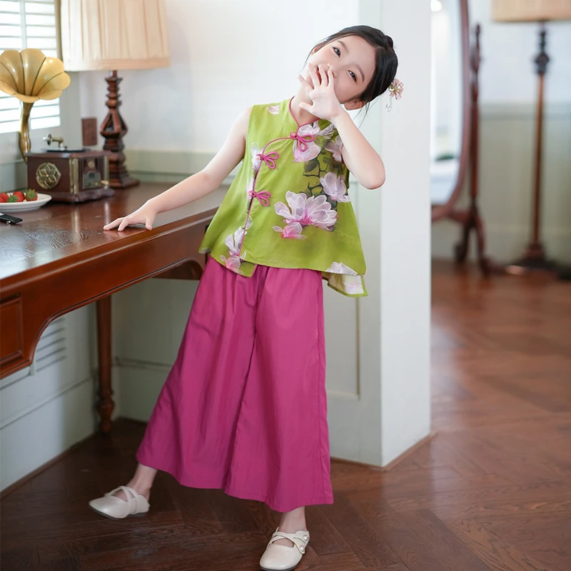 80274夏季女童套装2025新款复古盘扣国风时尚无袖上衣洋气两件套