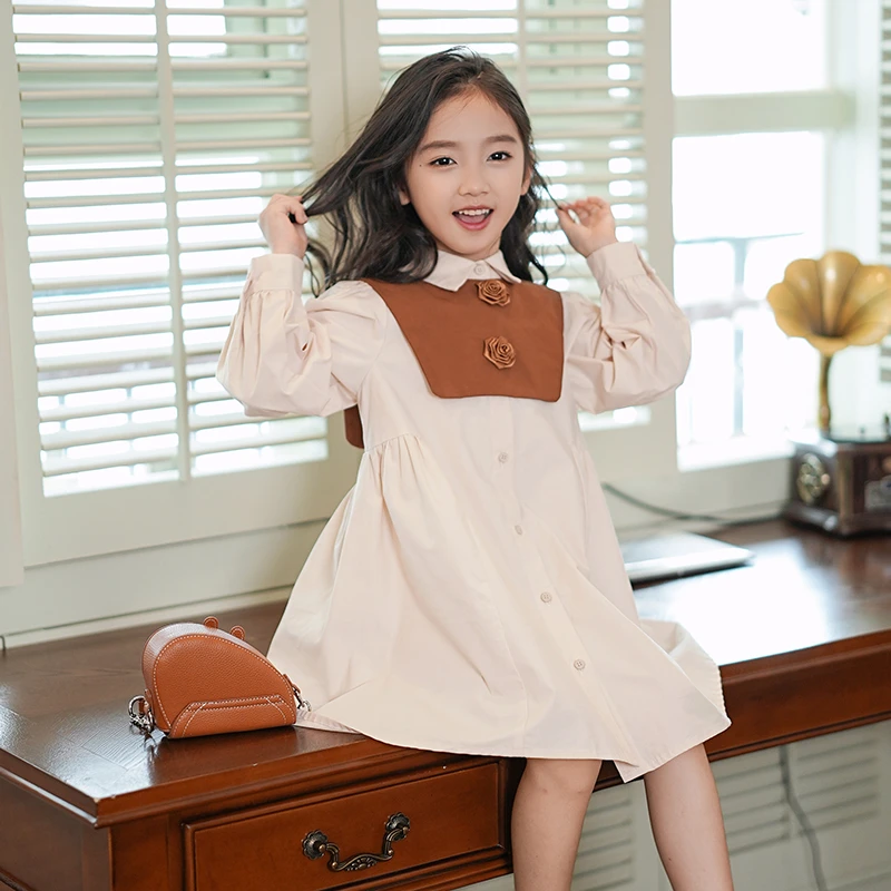 53028【梦清雅】女童连衣裙春季新款休闲宽松翻领衬衫裙儿童裙子