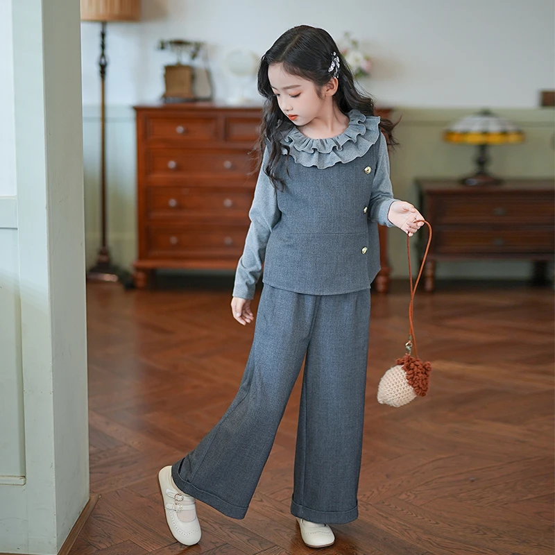 53607女童春季套装2025新款韩版洋气设计感斜扣马甲上衣直筒裤