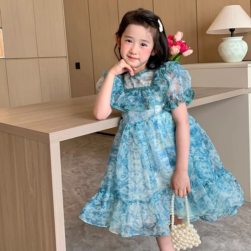 女童连衣裙2024夏季新款时髦洋气中国风泡泡袖礼服碎花裙儿童裙子