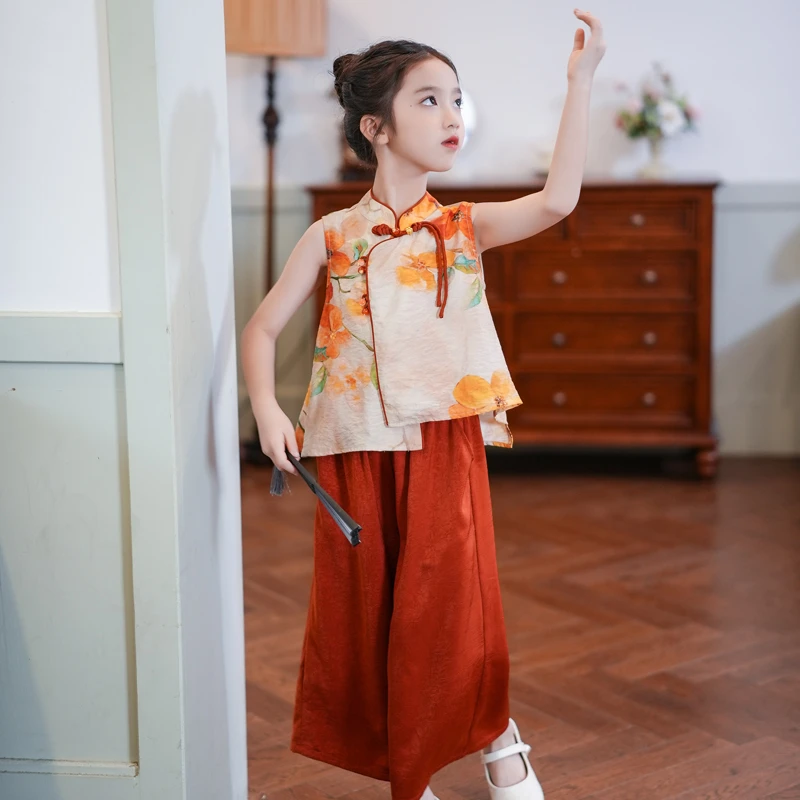 女童汉服套装2024夏新款新中式洋气系绳国风上衣阔腿裤儿童两件套