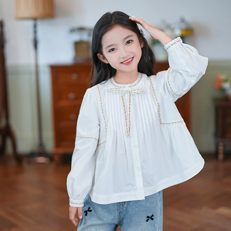 53622女童复古法式灯笼袖系带衬衫2025春秋新款洋气白衬衣穿搭