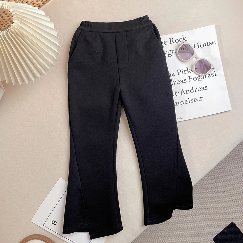 33Q014女童黑色裤子2025春季新款时尚开叉洋气设计感儿童休闲长裤