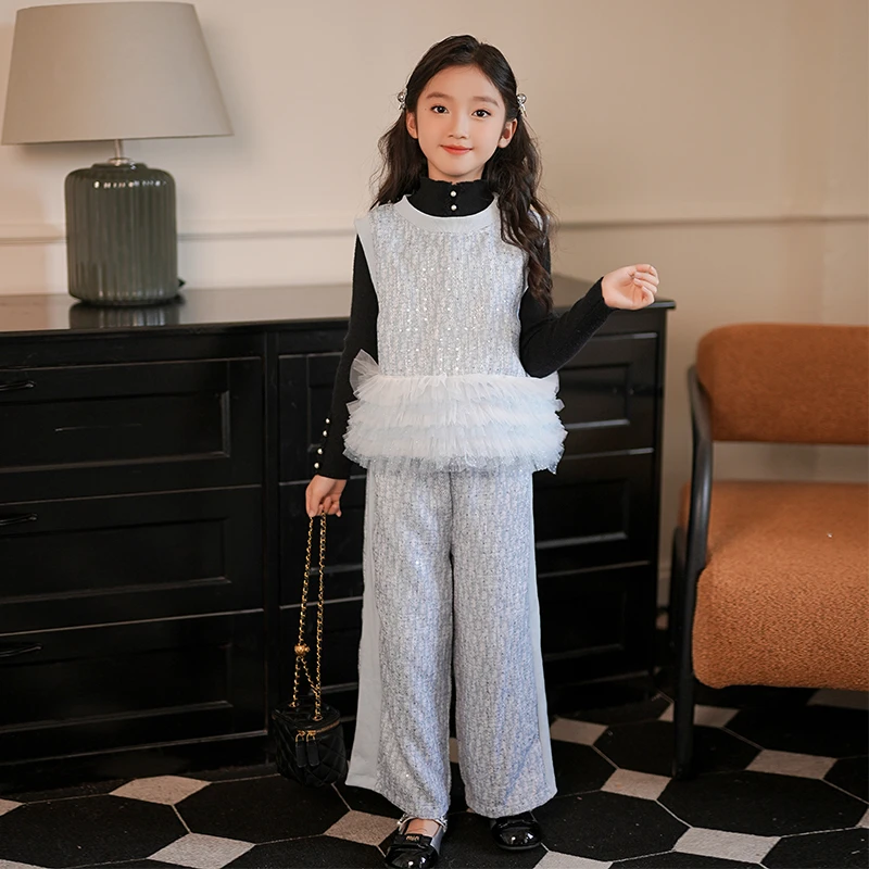 JSUA82030M【现货】女童套装2025小女孩蓝色小香风马甲直筒裤两件套