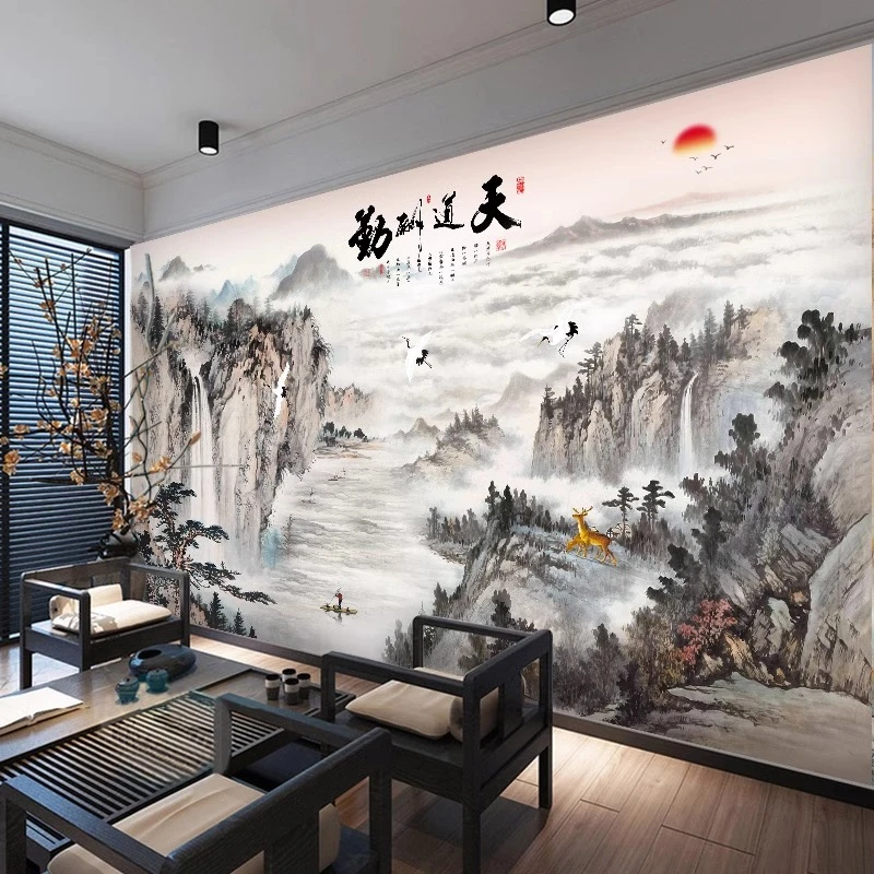 新中式水墨山水国画茶室沙发办公室装饰客厅电视墙纸壁画无缝墙布