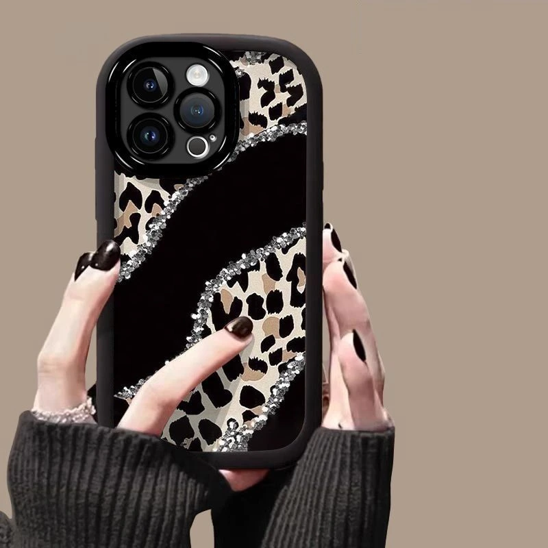 豹纹钻石边适用苹果16泡芙手机壳15iPhone14promax简约13个性创意