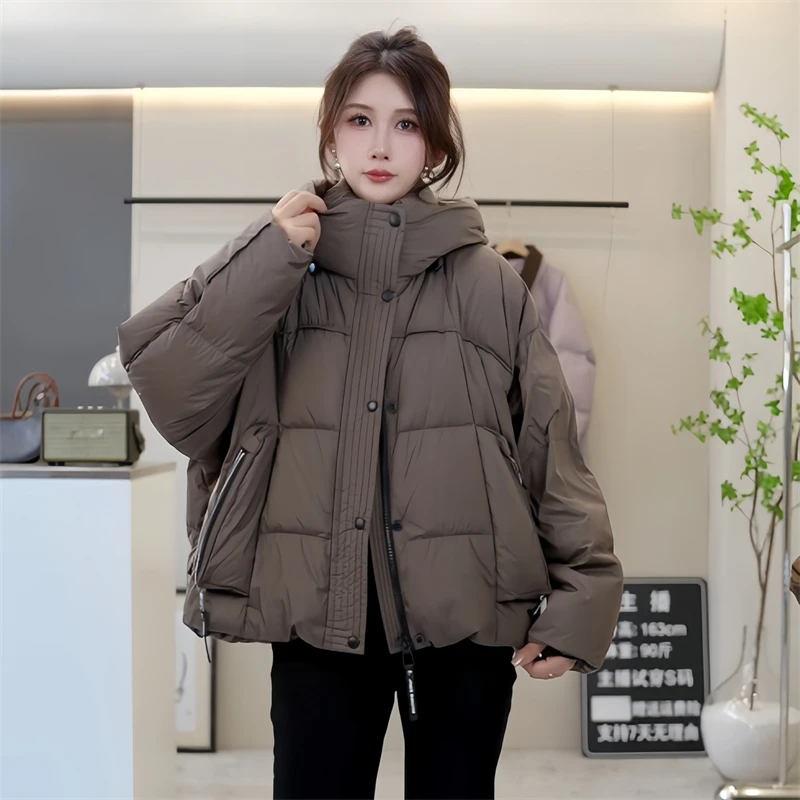 东大门韩版白鸭绒羽绒女短款口袋拉链连帽加厚宽松保暖外套女