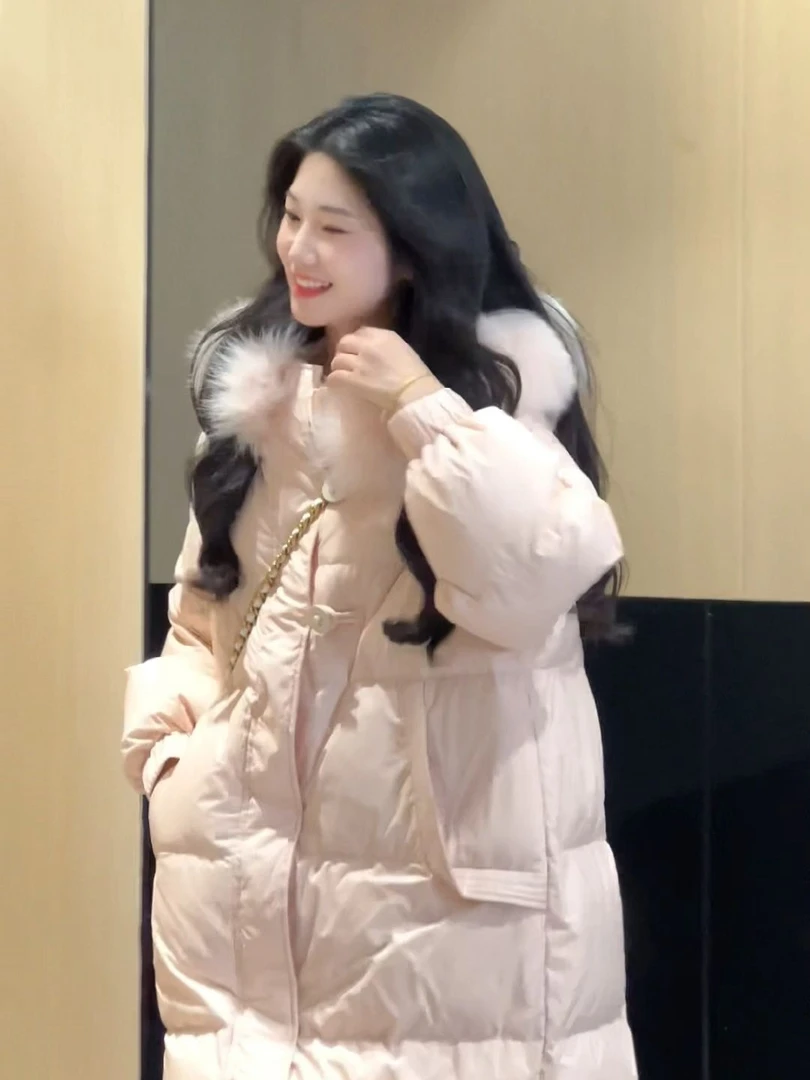 韩系粉色毛领棉服外套女冬季新款加厚保暖中长款显瘦过膝棉衣棉袄