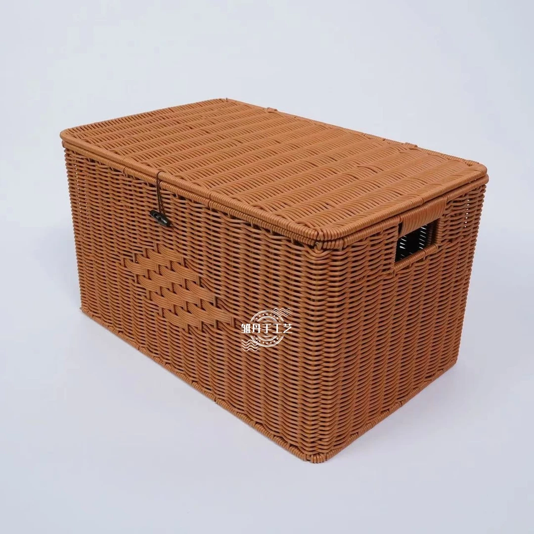 B10带盖仿藤大容量收纳箱筐家用储物盒衣橱衣柜衣服收纳整理
