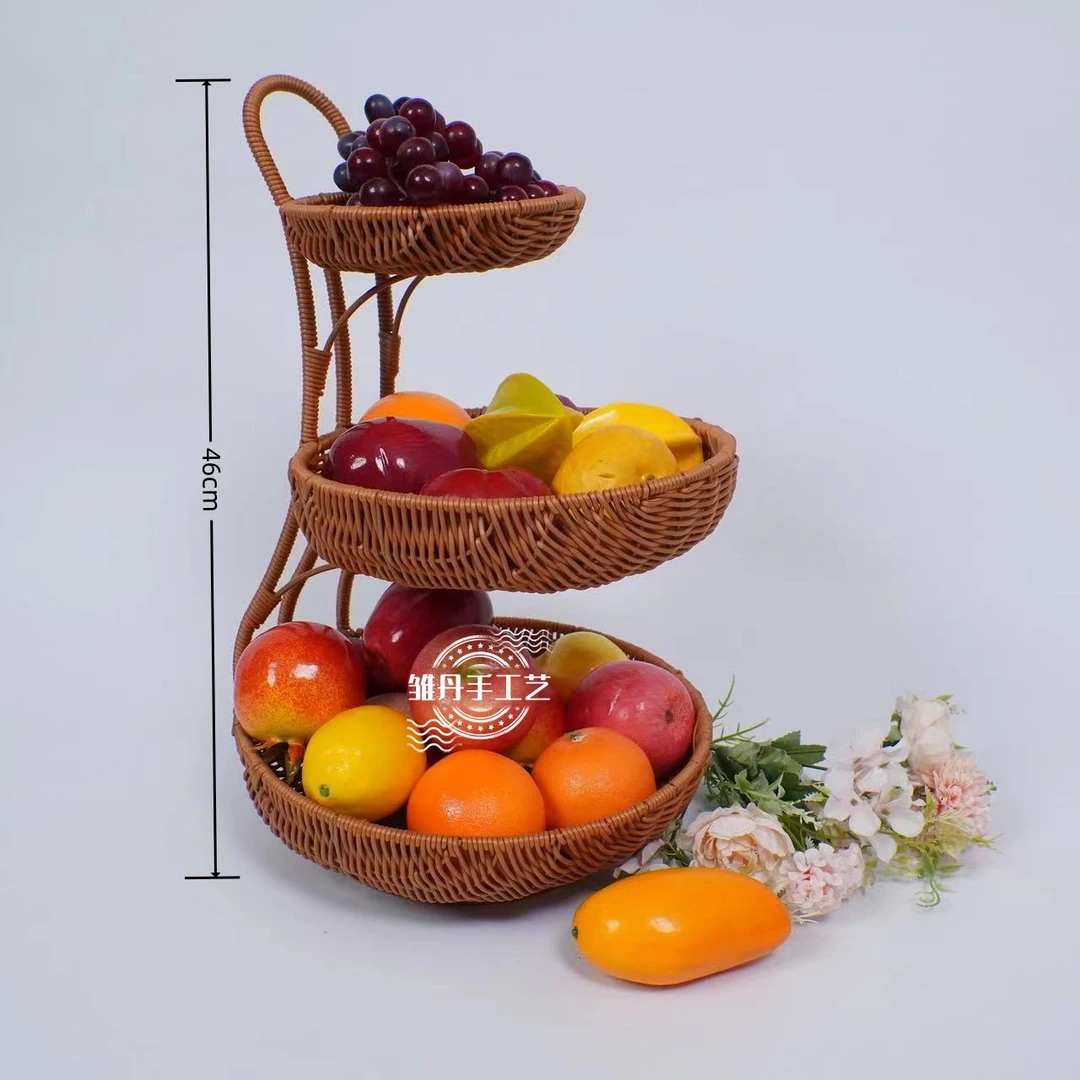 S04仿藤编织多层置物架客厅创意水果面包零食手工编织收纳篮