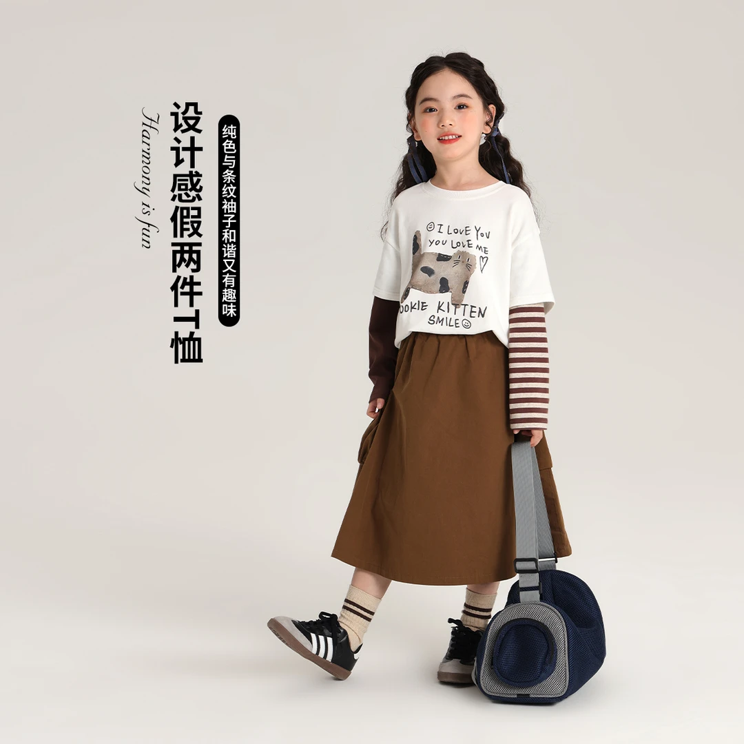 【小花猫 沫沫家】2024秋款女童休闲假两件条纹猫T恤G43TN348