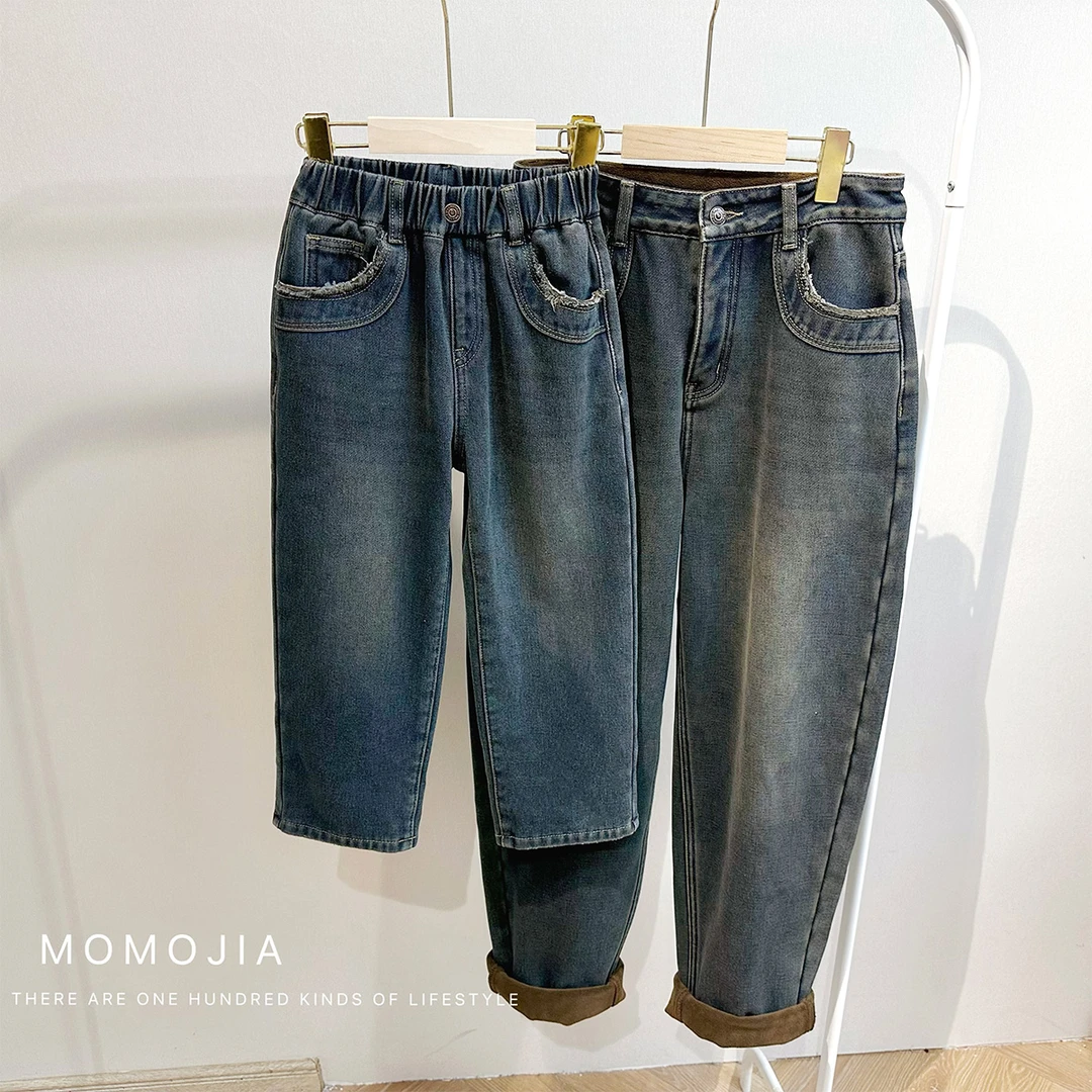 【沫沫家】2023冬款加厚绒儿童微锥牛仔裤G34PB019