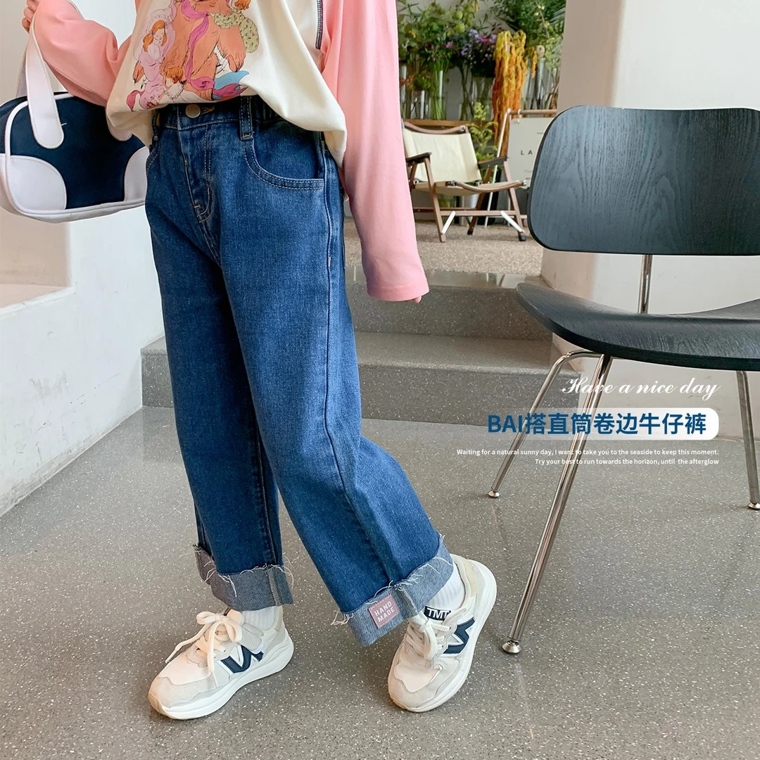 【沫沫家】2023春装女童宽边卷边牛仔裤22Q141