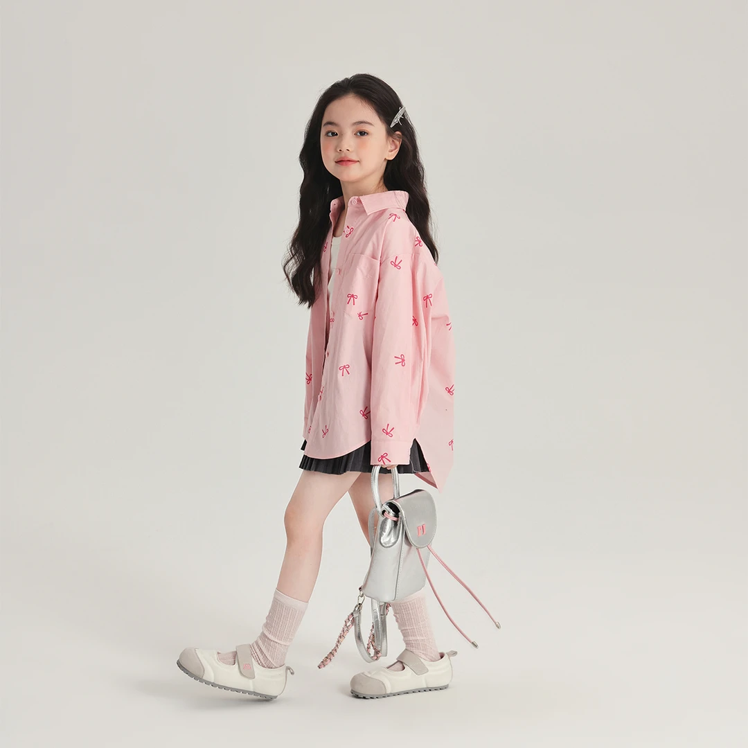 【叶塔粉 沫沫家】2024秋款女童休闲粉色蝴蝶结衬衫G43CZ008