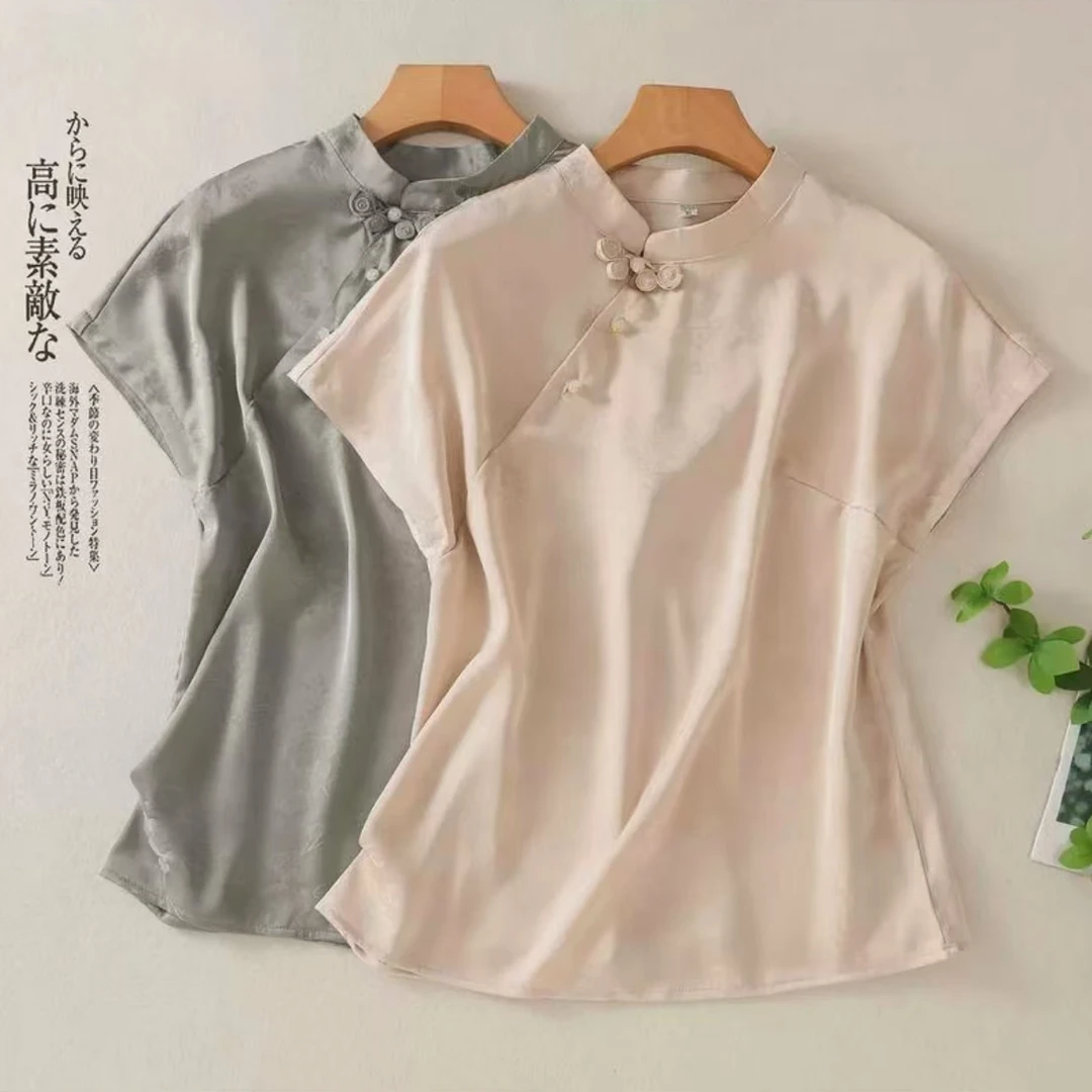 高端改良旗袍中式国风立领纯色衬衫女盘扣重工提花T桖上衣54