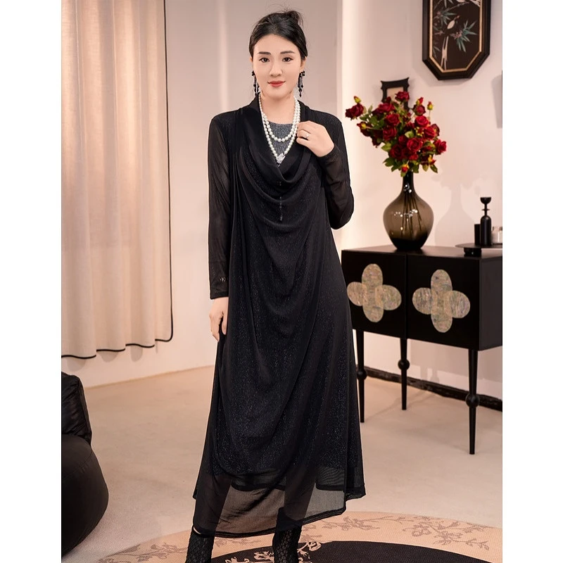 艾翕甄选【落月光】荡荡领长款打底连衣裙IC202418