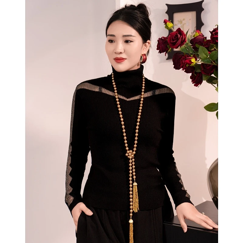 艾翕甄选【休闲日记】高领拼接针织衫ZX2404001