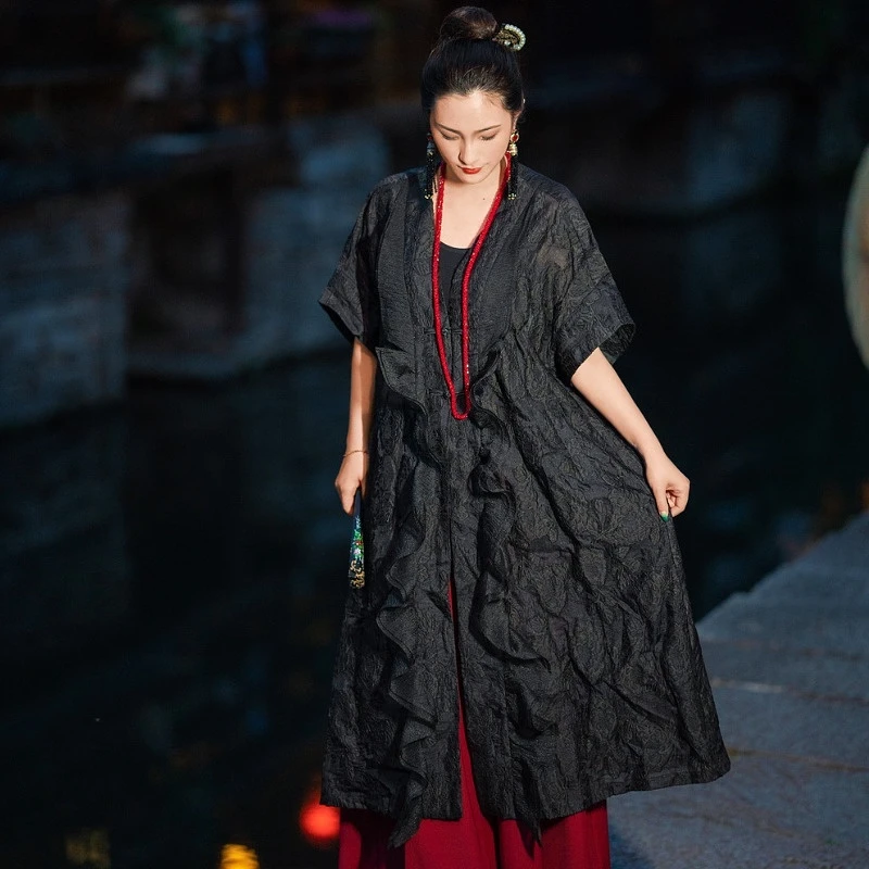 人弗缘甄选【雨墨轻烟】提花拼接中长款宽松气质外披ZX23479-1