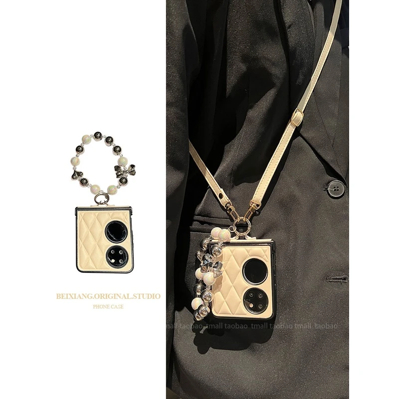 ins小香风米白菱格皮质银蝴蝶结链适用华为p50pocket手机壳创意ai