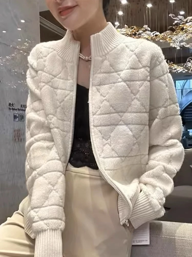 某奥同款小香风重磅羊毛拉链针织衫宽松立领保暖短款针织外套
