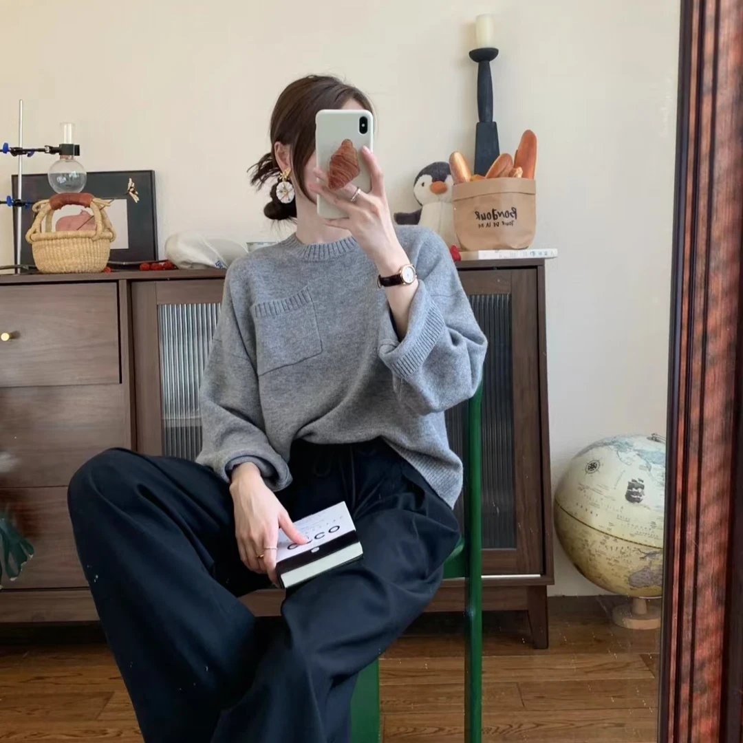 大表姐同款100羊毛纯色气质圆领套头毛衣带口袋针织衫