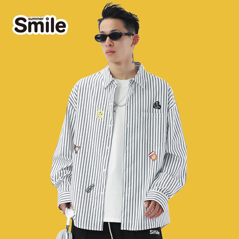 summer smile新款春夏男女同款ins风潮流笑脸宽松条纹长袖衬衫