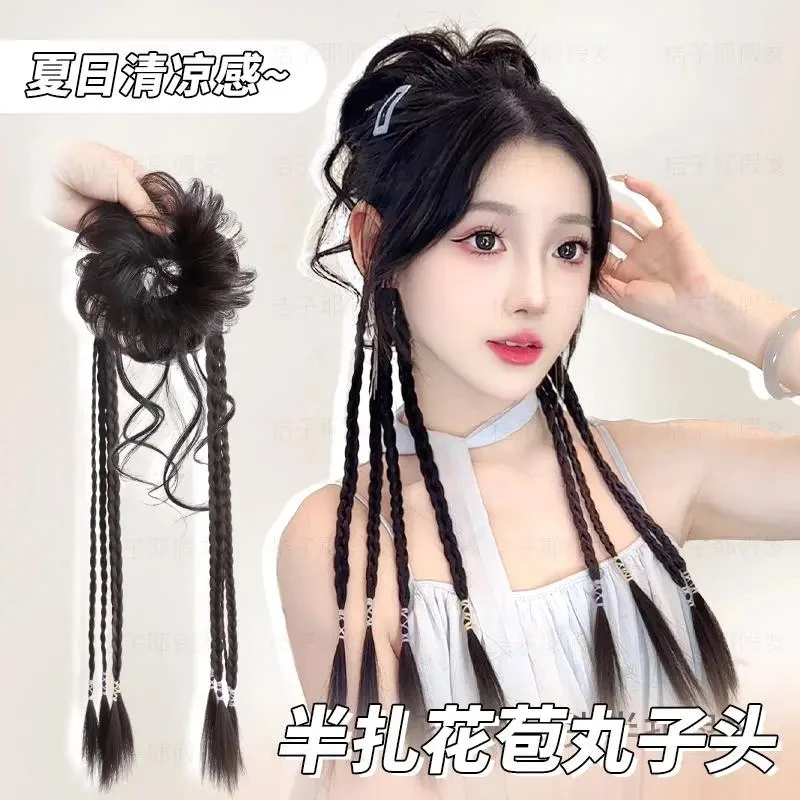 夏日少女感花苞龙须千金富贵丸子头半扎拳击辫麻花辫假发女款