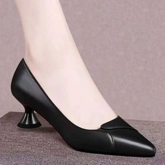 品牌单鞋女2024年新款软皮中跟尖头浅口细跟法式小粗跟气质女单鞋