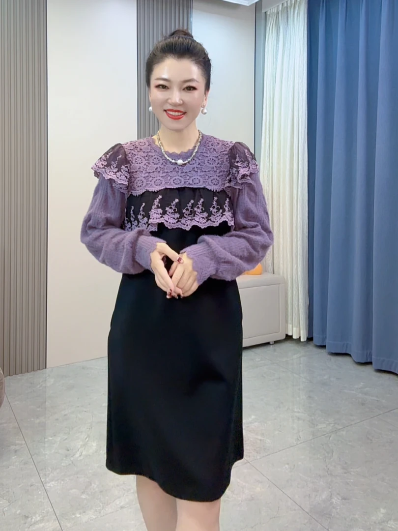 洋气淑女风黑紫拼色长袖精致感连衣裙胖mm时髦减龄氛围感大码女装