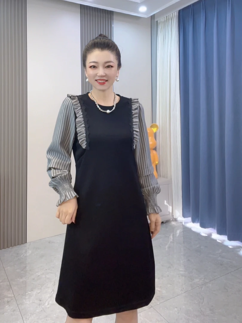 网红爆款假两件卫衣裙女2024秋冬新款欧货条纹长袖拼接连衣裙